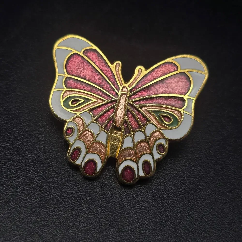 Cloisonne Enamel Butterfly Brooch Pink Petite Dainty Bug Insect Summer Jewelry